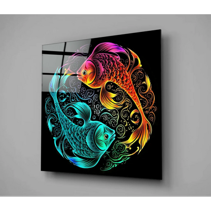 Neon Koi Fish Glass Wall Art with Black Frame | Glass Wall Art Print | vintageantiquesgifts.com