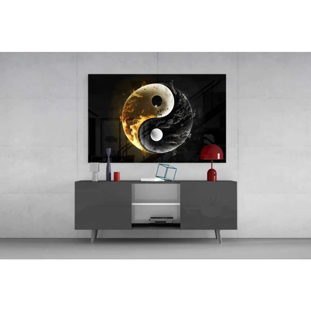 Fiery yin yang glass wall art with black gold flames and smoke