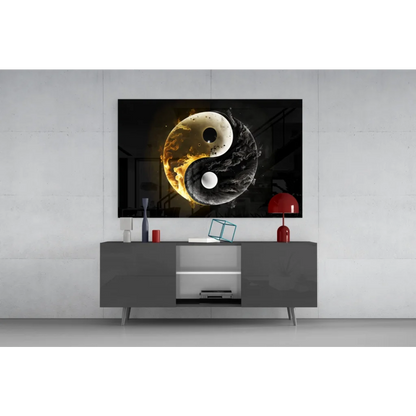 Fiery yin yang glass wall art with black gold flames and smoke