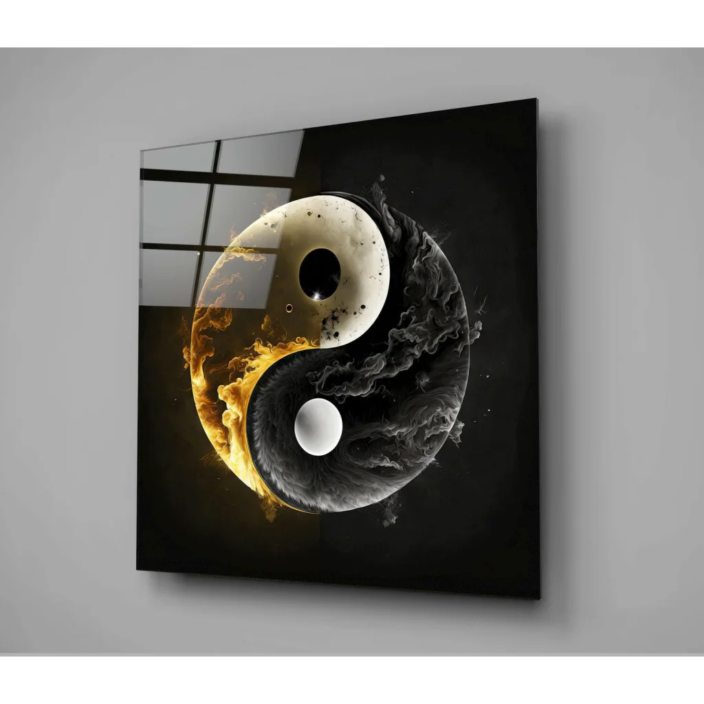 Fiery yin yang glass wall art with black gold flames and smoke design
