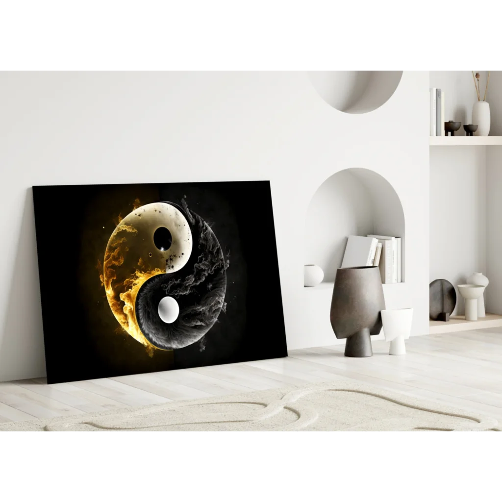 Fiery Yin Yang Glass Wall Art Canvas Print | Modern Wall Art Decor | vintageantiquesgifts.com