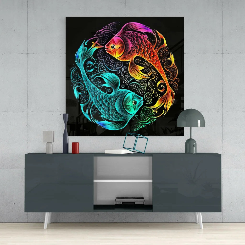 Neon Koi Fish Glass Wall Art with Black Frame | Contemporary Home Wall Art | vintageantiquesgifts.com