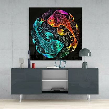 Neon Koi Fish Glass Wall Art with Black Frame | Contemporary Home Wall Art | vintageantiquesgifts.com
