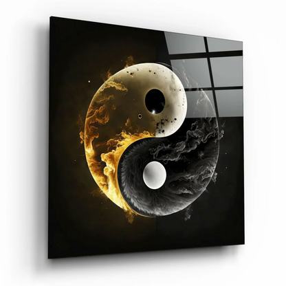 Fiery yin yang glass wall art with orange flames and smoky swirls