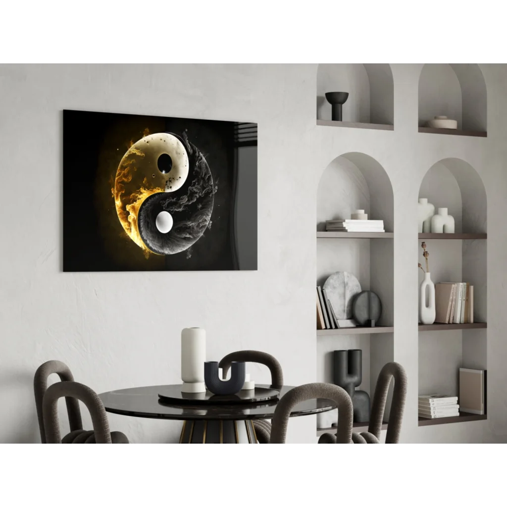 Fiery yin yang glass wall art canvas print with black-gold textures