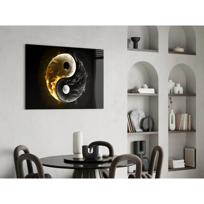 Fiery yin yang glass wall art canvas print with black-gold textures