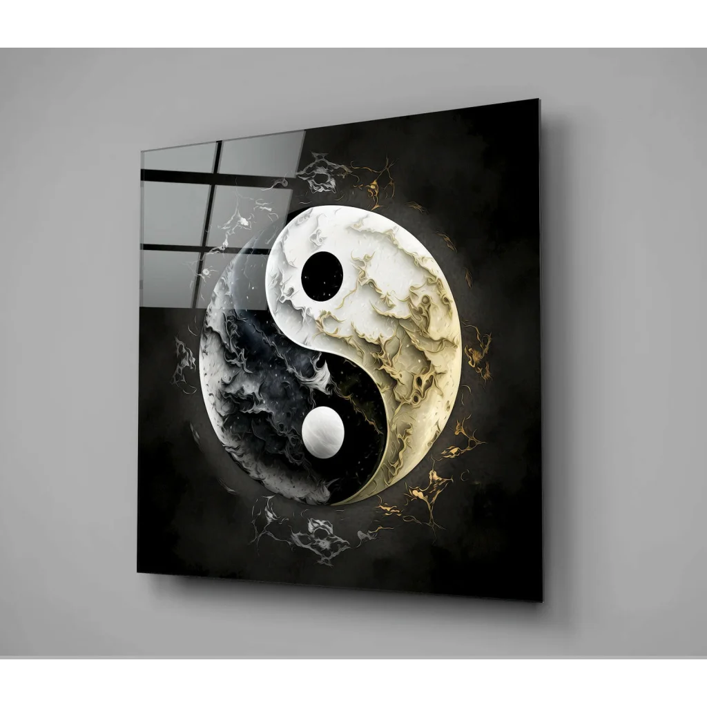 Marbled Yin Yang Glass Wall Art with Gold Accents | Glass Wall Art Print | vintageantiquesgifts.com