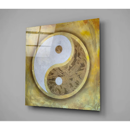 Golden yin yang glass wall art with filigree and textured gold background