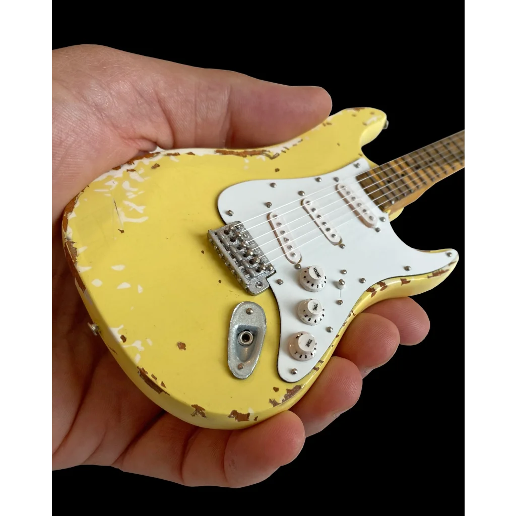 Yngwie Malmsteen mini guitar collectible by Axe Heaven, vintage yellow Strat replica