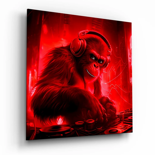 Red DJ gorilla in headphones on tempered glass art