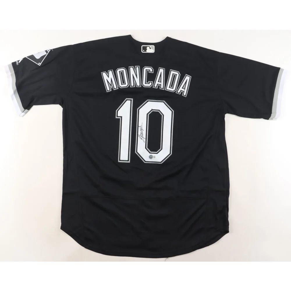 Black Yoan Moncada Chicago White Sox jersey with Moncada 10 on back, Beckett certified