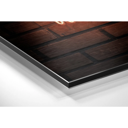 Stunning brushed aluminium dibond neon music wall art with dark wood texture