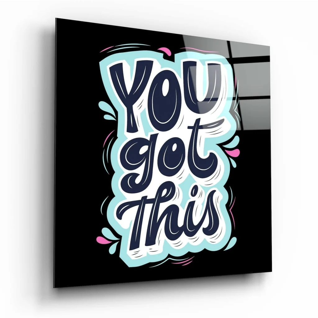 You got this glass wall art in black glossy acrylic with navy lettering
