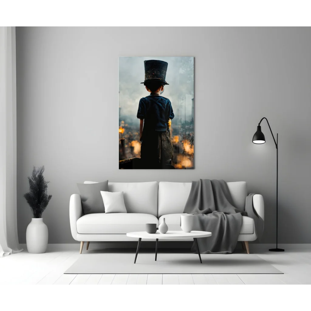 Silhouette child in top hat on moody city lights glass wall art
