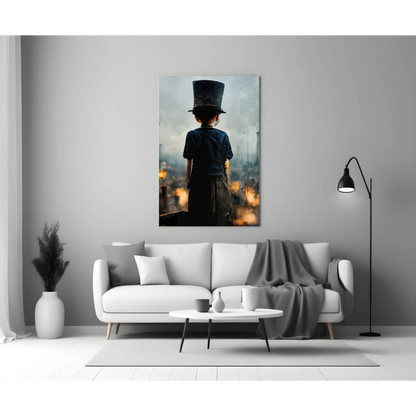 Silhouette child in top hat on moody city lights glass wall art