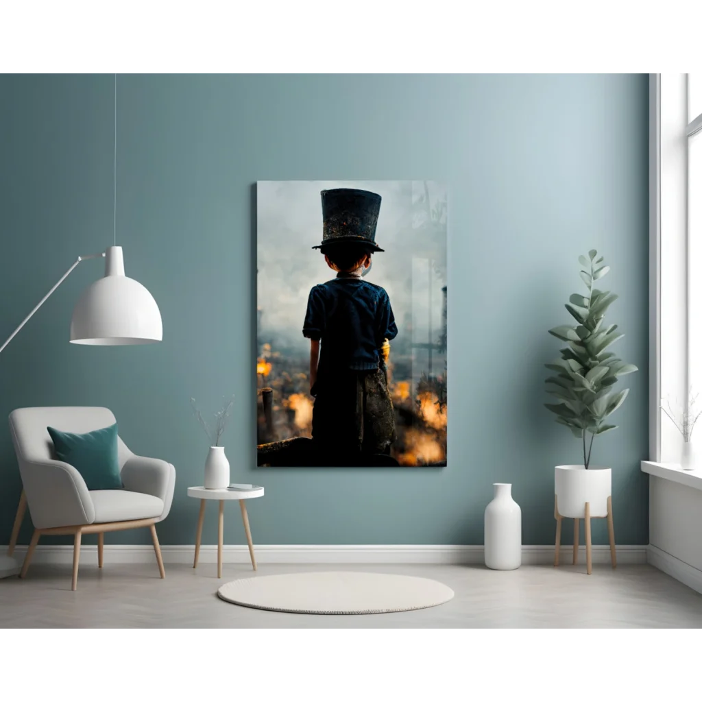 Young explorer glass wall art: black top hat with gold details on kids head amid moody city lights
