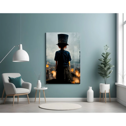 Young explorer glass wall art: black top hat with gold details on kids head amid moody city lights