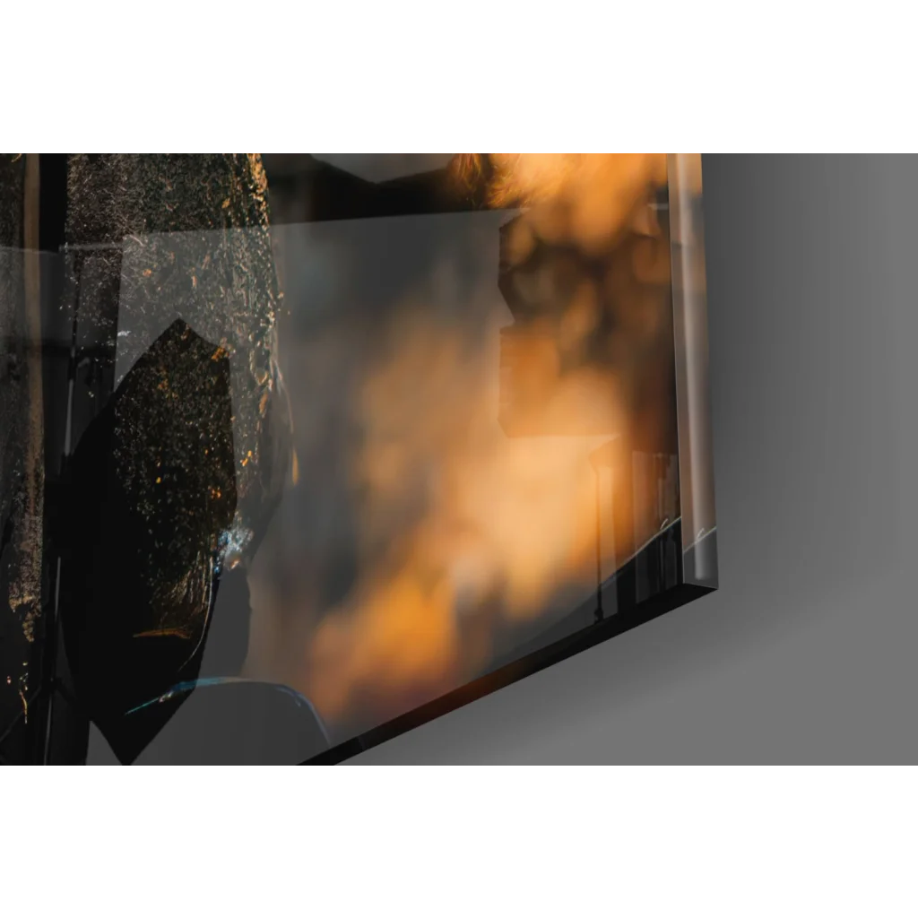 Moody city lights in Young Explorer glass wall art with orange black abstract textures