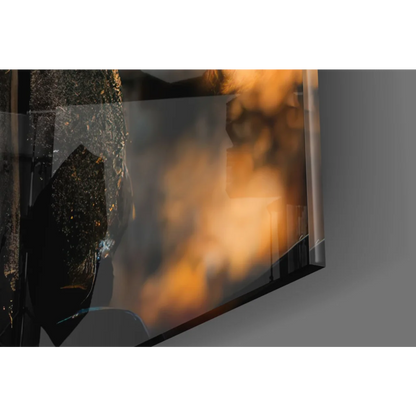 Moody city lights in Young Explorer glass wall art with orange black abstract textures