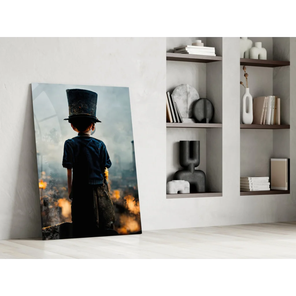 Young explorer in top hat, moody city lights glass wall art