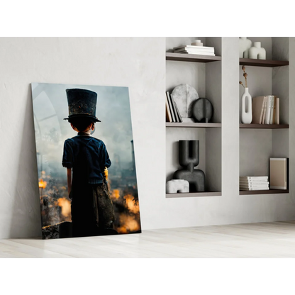 Young explorer in top hat, moody city lights glass wall art