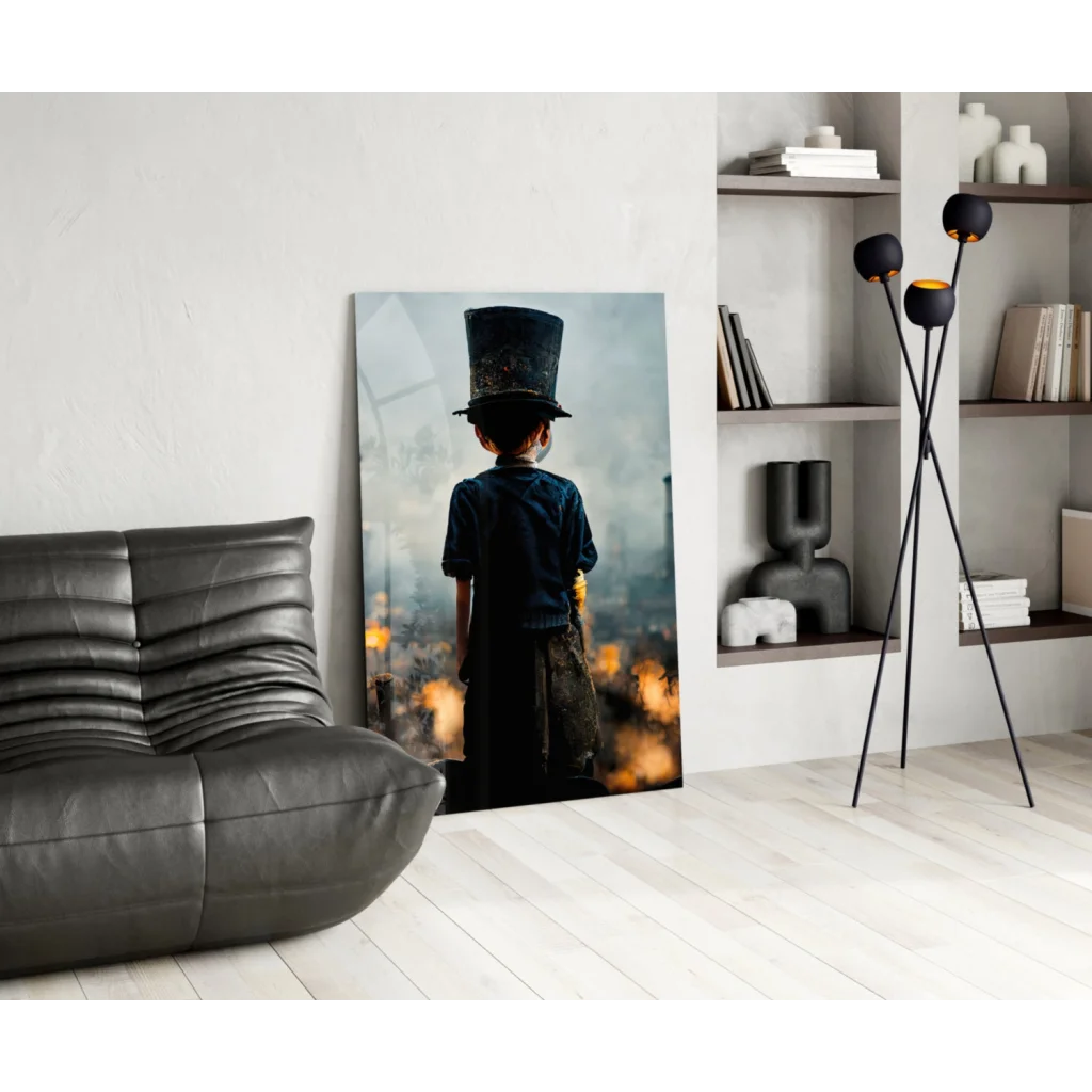 Young explorer in top hat on moody glass wall art cityscape