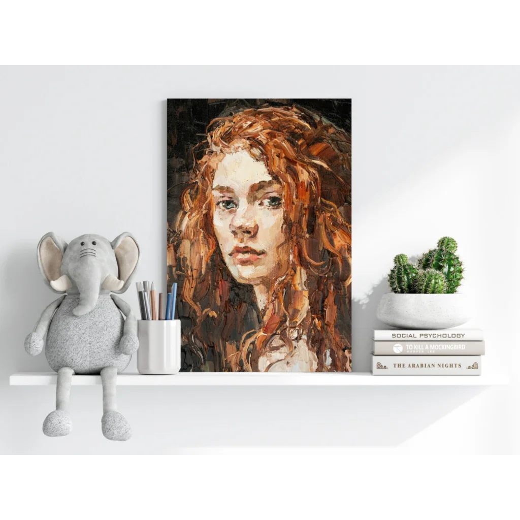 Impressionist canvas portrait of woman with fiery red curls
