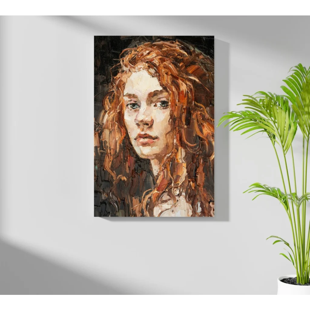 Fiery Red Curls Impressionist canvas portrait of woman with flowing reddish-brown hair on dark textured background