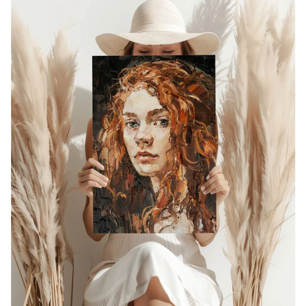 Fiery red curls impressionist canvas portrait of woman
