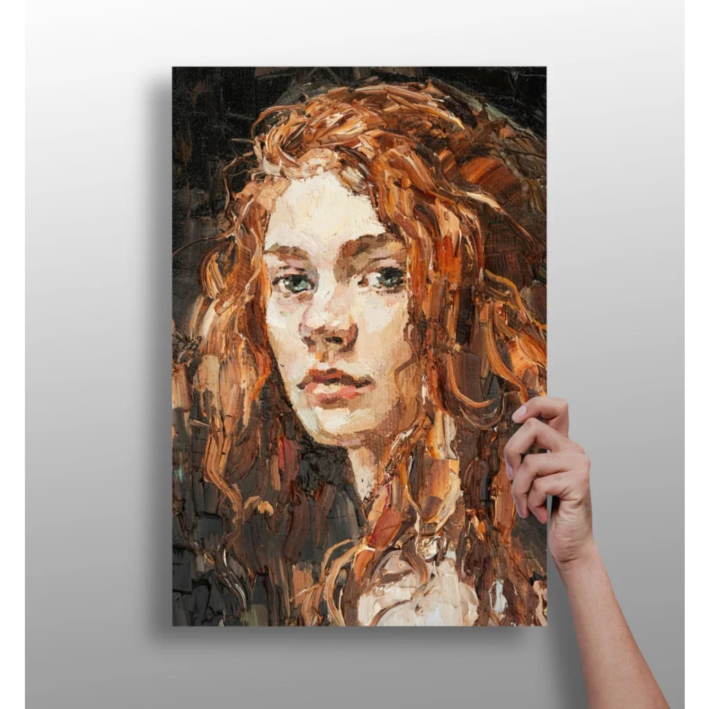 Fiery Red Curls Impressionist canvas portrait of woman with textured red curls and green eyes