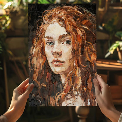 Fiery red curls impressionist canvas portrait of woman