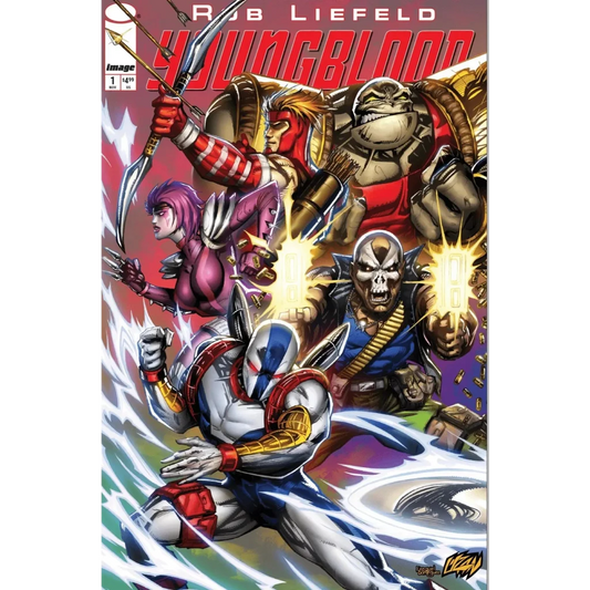 Youngblood 2025 issue 1 comic book cover featuring armored heroes in red blue and silver by ecc franck uzan exclusive