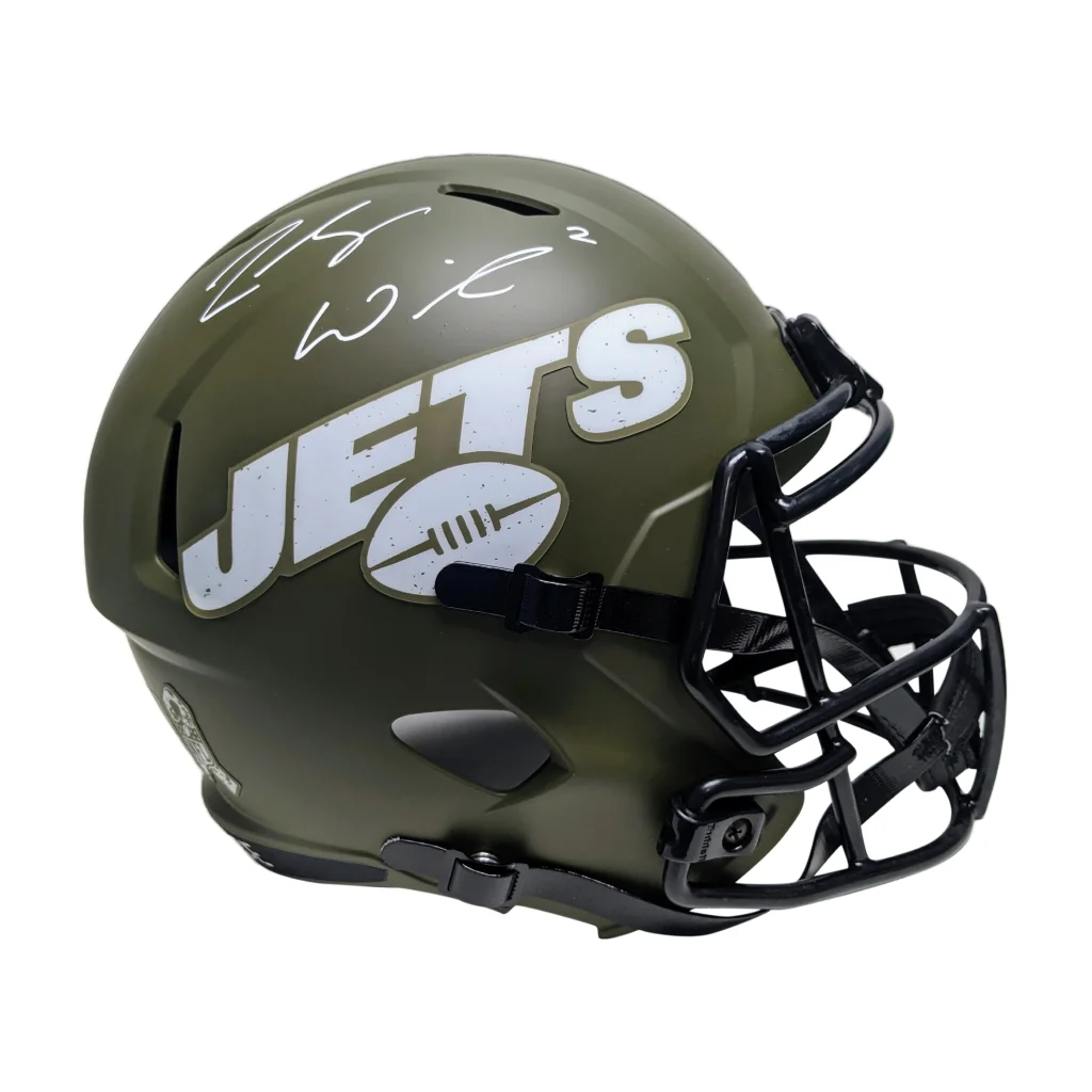 Zach Wilson signed New York Jets salute to service helmet with green design