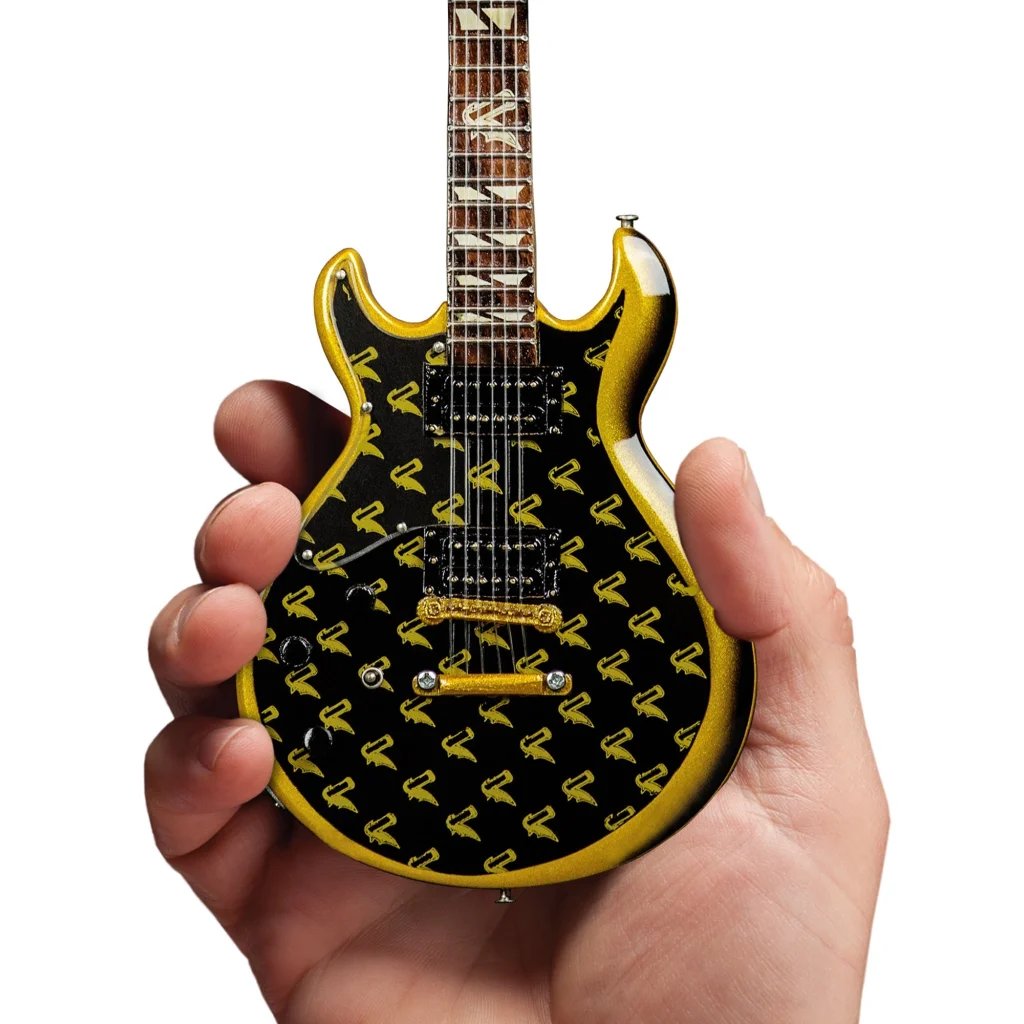 Zacky Vengeance mini black gold guitar by Axe Heaven® on adjustable A-frame stand