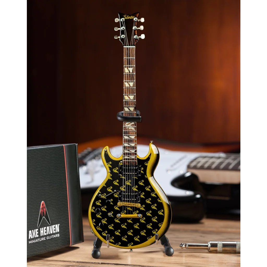 Zacky Vengeance black gold mini guitar by Axe Heaven® on adjustable A-Frame stand