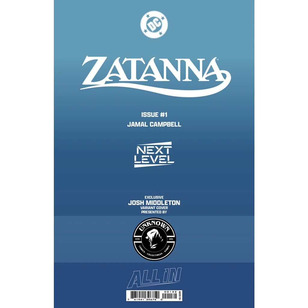 Blue dc comics cover for zatanna issue 1 featuring josh middleton exclusive virgin var with next level and unknown collectibles logos