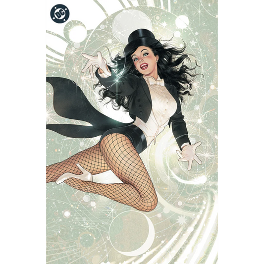 A glamorous female superhero in a black top hat white blouse and fishnet stockings featured on zatanna 1 josh middleton exclusive variant