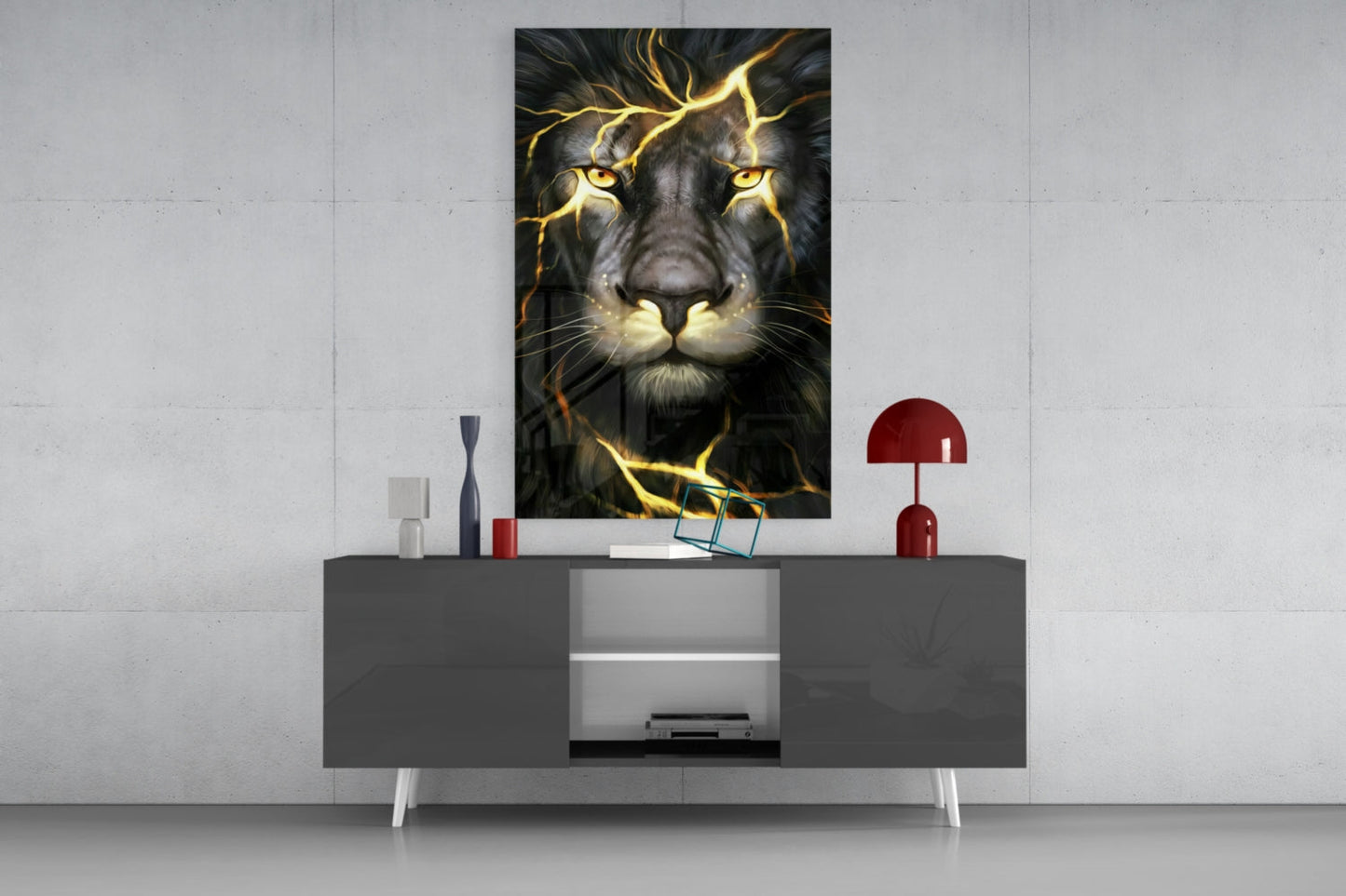 Golden Lightning Electric Lion Glass Wall Art