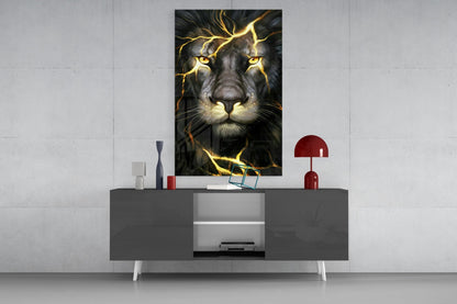 Golden Lightning Electric Lion Glass Wall Art
