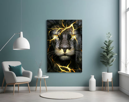 Golden Lightning Electric Lion Glass Wall Art