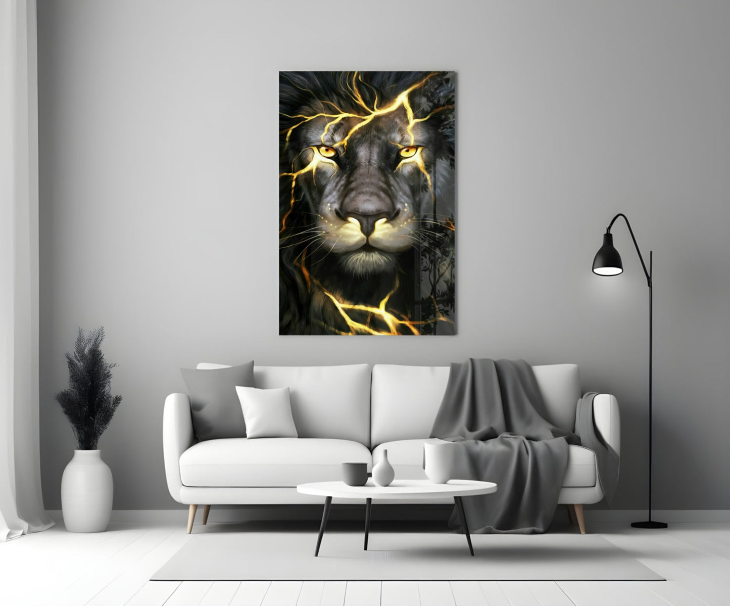 Golden Lightning Electric Lion Glass Wall Art