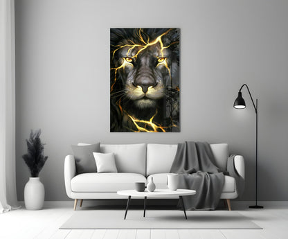 Golden Lightning Electric Lion Glass Wall Art