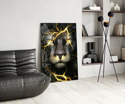Golden Lightning Electric Lion Glass Wall Art