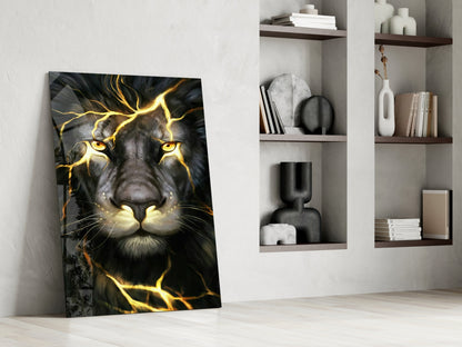 Golden Lightning Electric Lion Glass Wall Art