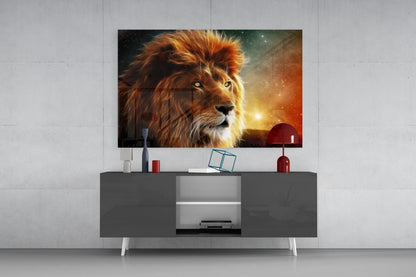Cosmic Sunset Golden Lion Glass Wall Art