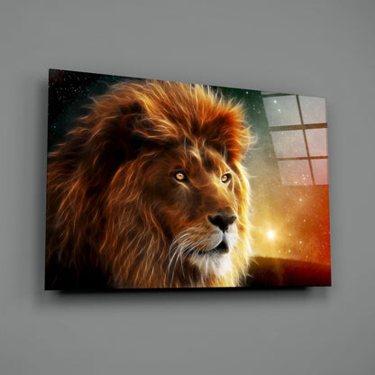 Cosmic Sunset Golden Lion Glass Wall Art