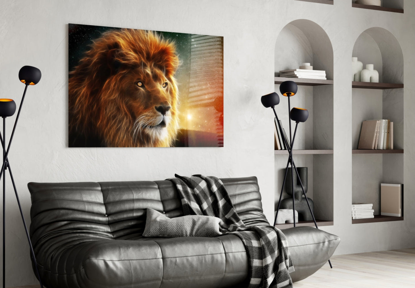 Cosmic Sunset Golden Lion Glass Wall Art