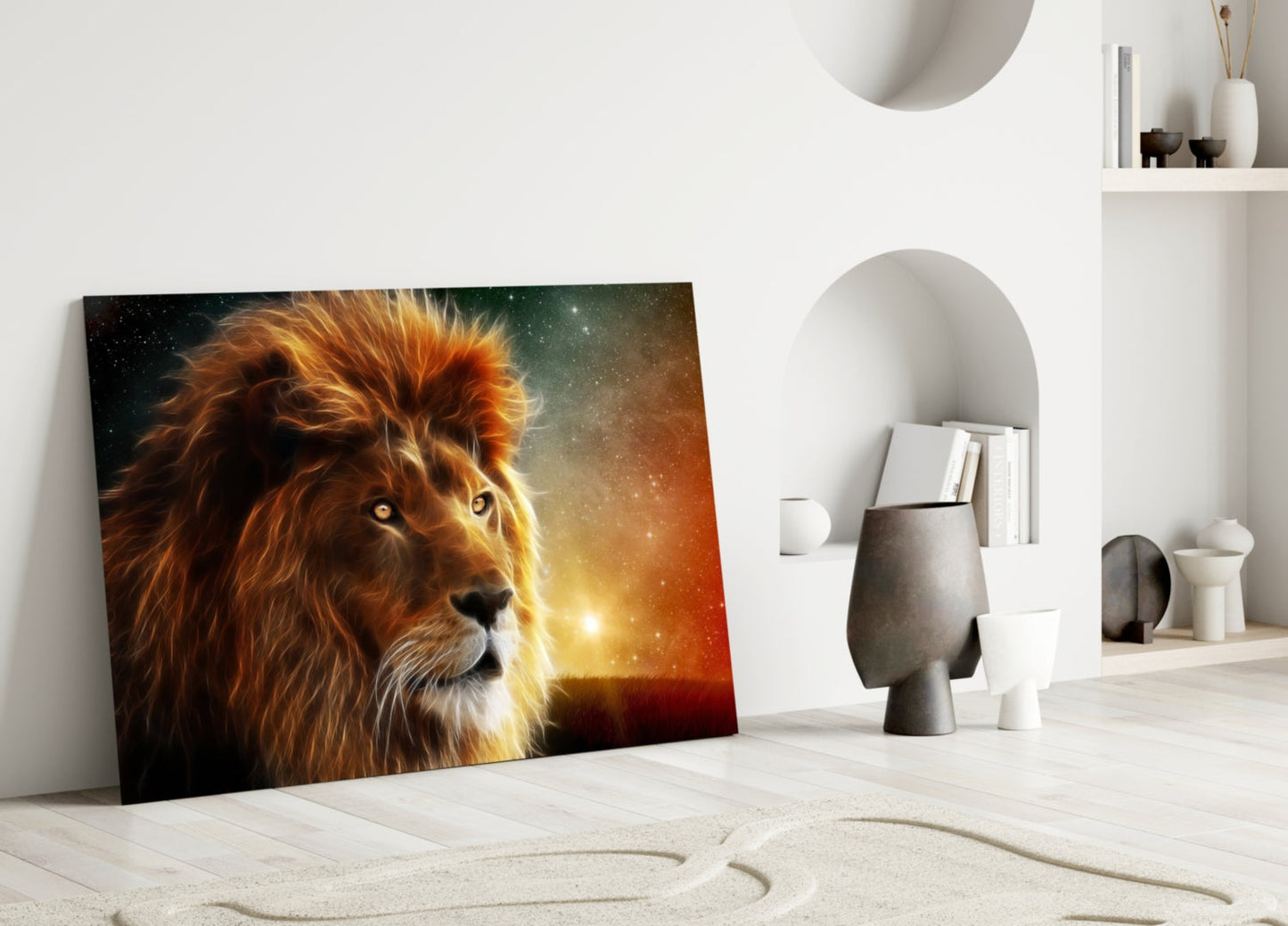 Cosmic Sunset Golden Lion Glass Wall Art