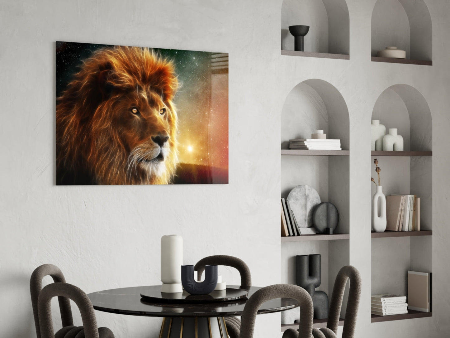 Cosmic Sunset Golden Lion Glass Wall Art