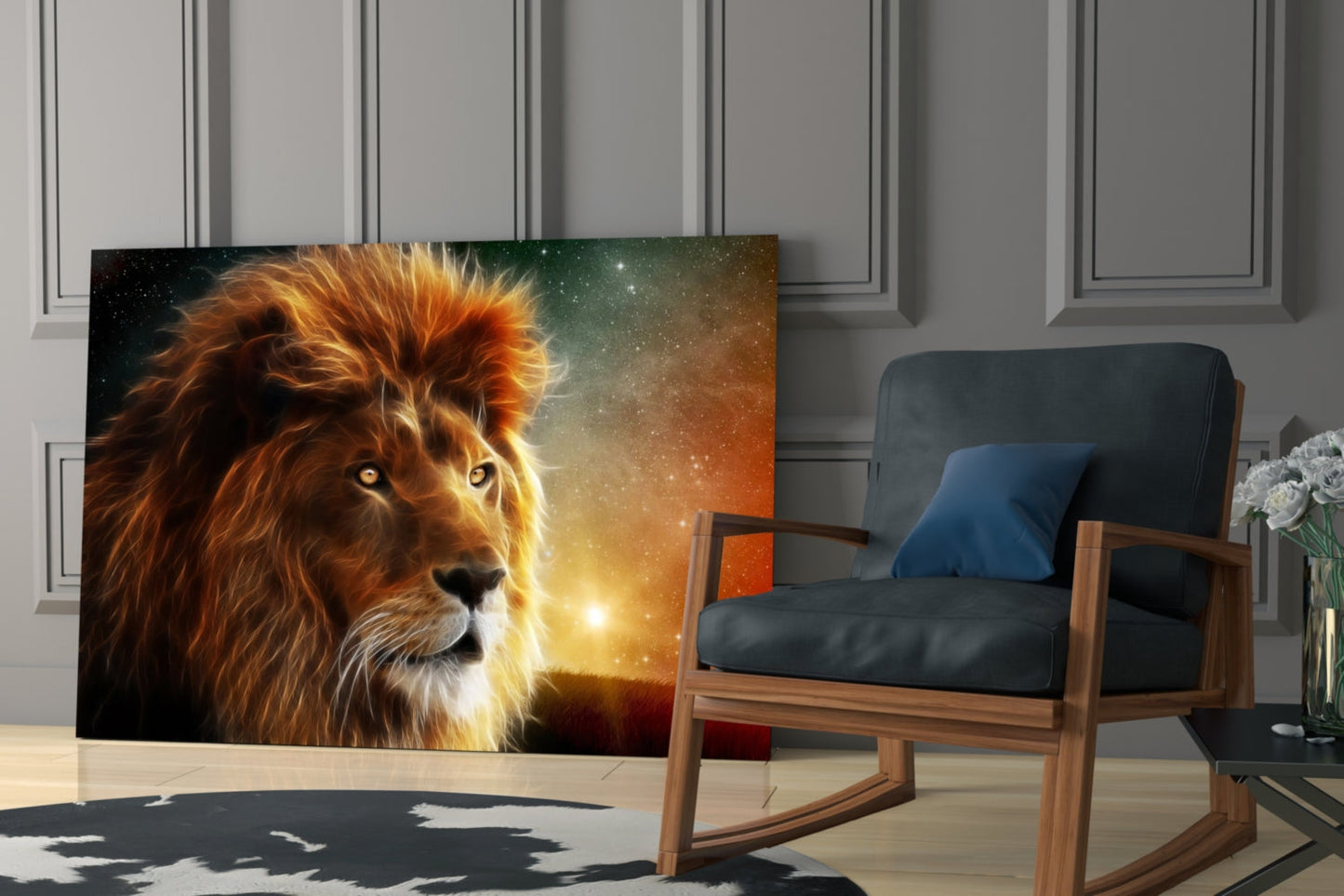 Cosmic Sunset Golden Lion Glass Wall Art